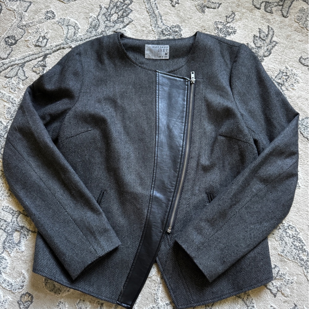 Ruff Hewn Charcoal Herringbone Jacket with Black Trim